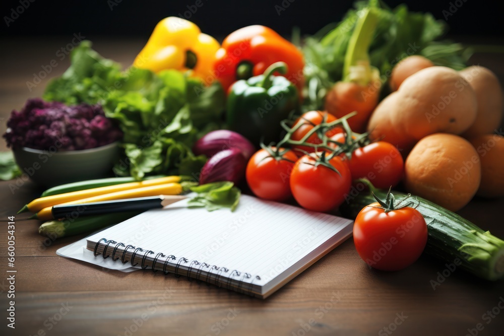 Healthy foods, fruits and vegetables with a blank white notepad for writing. Healthy food choices for the heart, healthy lifestyle concept. Healthy foods, fruits and vegetables with a blank white notepad for writing. Healthy food choices for the heart, healthy lifestyle concept.