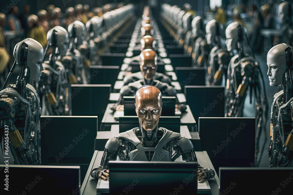 Robots working in office and replacing humans  - obrazy, fototapety, plakaty 