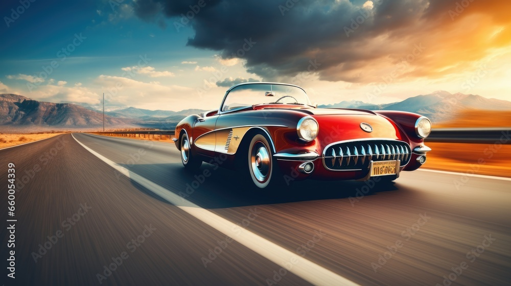 Classic Car Speeding at the Highway Photography - obrazy, fototapety, plakaty 