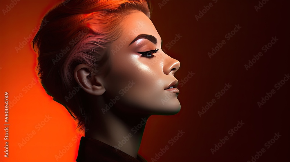 Profile view of a model with powder makeup in a gradient, transitioning from red to orange