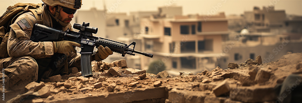 An Armed Sniper On The Roof Of An Eastern City.  Illustration On The Theme Of Weapons And Wars, Conflicts And Cinema. Generative AI - obrazy, fototapety, plakaty 