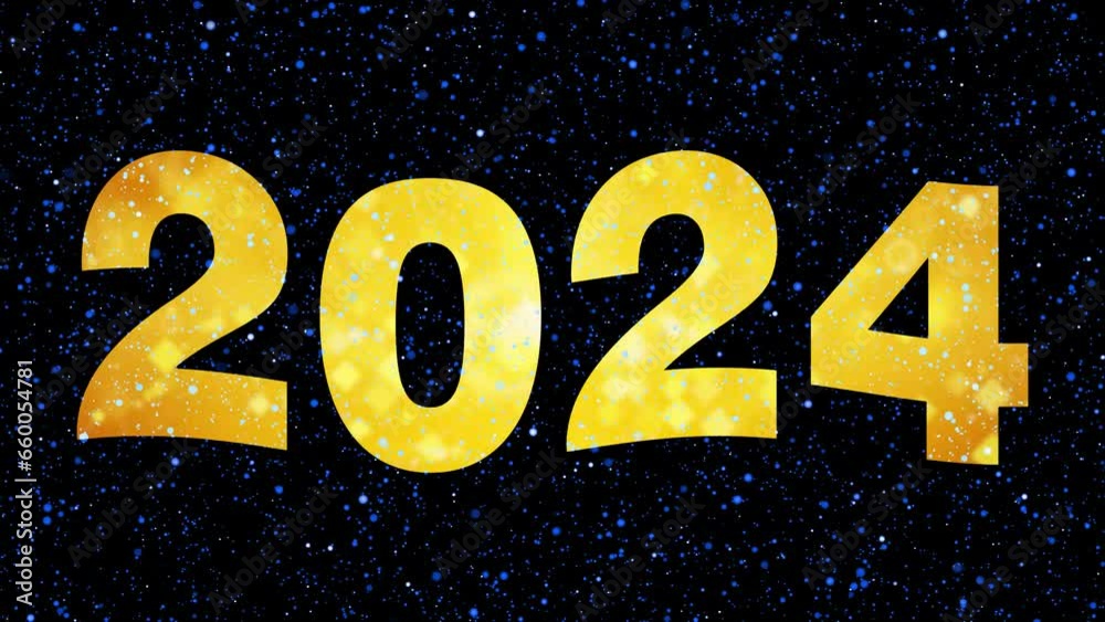 2024 New Year's gold number with blue snowflakes and black background. Seamless looping animation. Footage of Merry Christmas and Happy New Year 2024. The number 2024 and snow. VJ loops. 4K