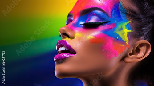 Model s face with a splash of rainbow powder makeup across one side  creating a playful asymmetry