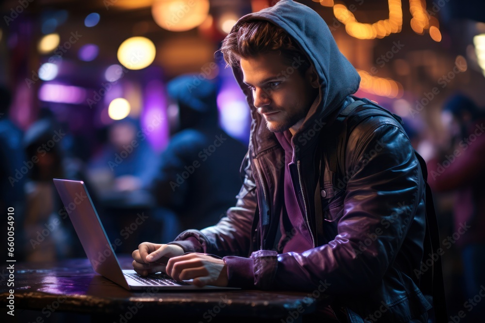 Young man working on laptop, male freelancer or student with computer in cafe with neon lighting at table, looking at camera. Young man working on laptop, male freelancer or student with computer in cafe with neon lighting at table, looking at camera.