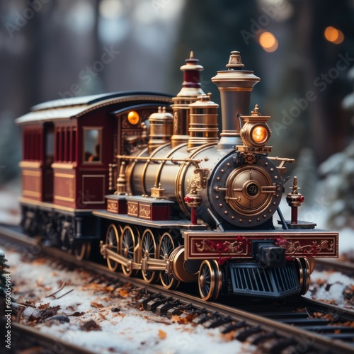 toy New Year's wooden train as a decoration for the Christmas tree. stylization of a retro locomotive for the railway, toy road. design and concept of gifts for the New Year holiday
