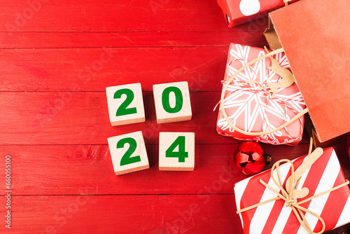 Happy New Year 2024, Christmas 2024, Christmas gifts placed in a festive atmosphere