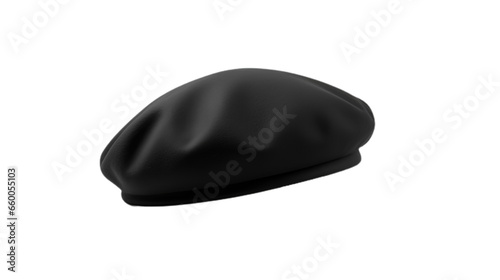 Black French Cap Beret Side view. Isolated on Transparent background.