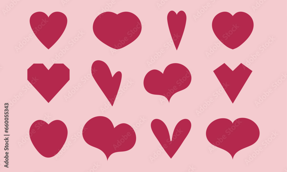 Set of varipus shapes of pink hearts in flat on pink background for icons, greeting cards, wallpapers,  wrapping, webs, apps, posters