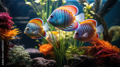 Aquarium fish Discus swim among algae and stones, corrals and underwater plants in an aquarium photo