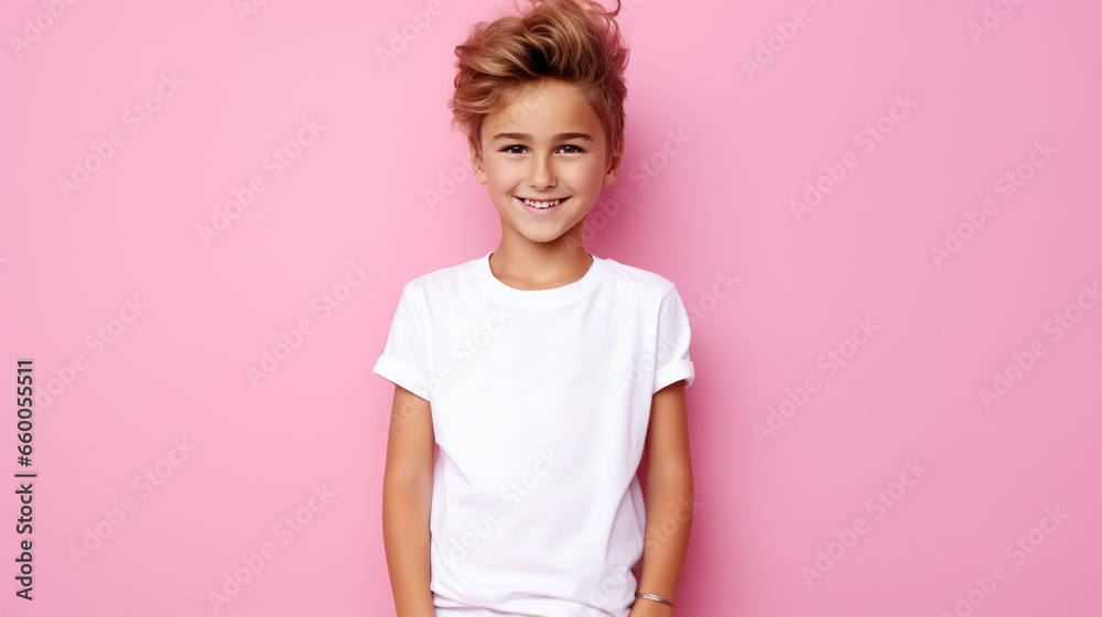 European child 4-5 years old close-up in a white T-shirt without a pattern against the background of a colored wall, mockup for the presentation of a children's product European child 4-5 years old close-up in a white T-shirt without a pattern against the background of a colored wall, mockup for the presentation of a children's product