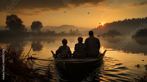 father and three boys from behind fishing with rods, on boat, peace, dawn, peace, wide angle, czech countryside, 1940s 