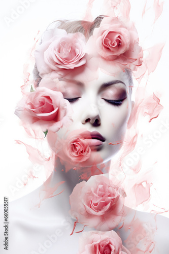 double exposure style beauty shot of a beautiful woman on a white background and pink roses, skin care serum concept