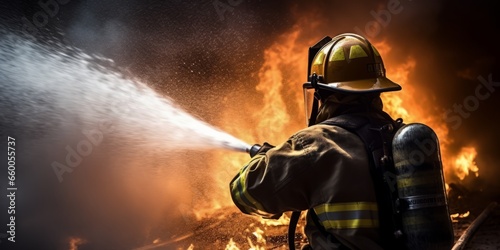 Firefighters work to extinguish fire explode accident Team fightingThey are fire drilling or fire fighting on the road the village or forest fire in the background