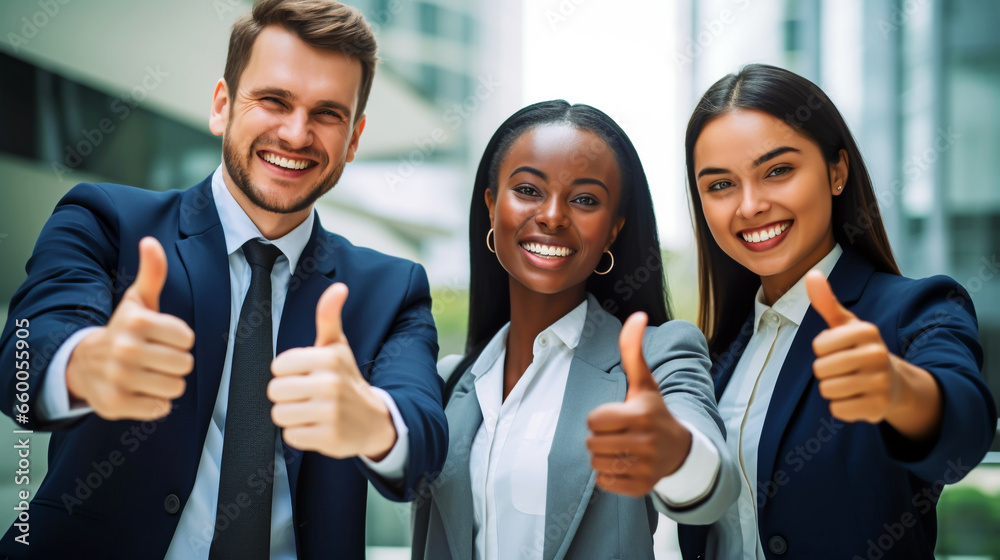 THUMBS UP. TEAM, GROUP OF POSITIVE BUSINESS PEOPLE GIVING THUMBS UP AND SMILING. image created by legal AI THUMBS UP. TEAM, GROUP OF POSITIVE BUSINESS PEOPLE GIVING THUMBS UP AND SMILING. image created by legal AI