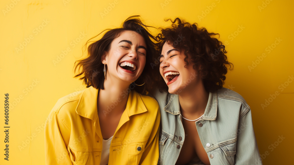 TWO HAPPY POSITIVE GIRLS GIRLFRIENDS LAUGHING FUN. image created by legal AI