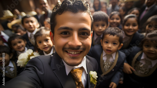 novio latino tomándose una selfie con una multitud de personas que asistieron a su celebración moreno, latino muy contento