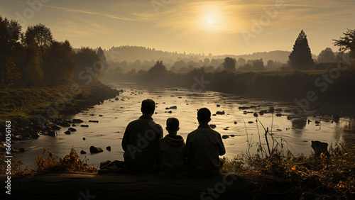 from behind  wide angle  man and three boys from behind  peacefully fishing with rods  dawn  peace  wide angle  czech countryside