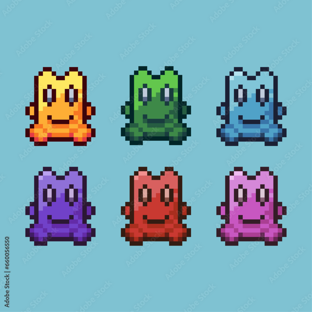 Pixel art sets of doll toys decoration with variation color item asset. Simple bits of doll toys on pixelated style. 8bits perfect for game asset or design asset element for your game design asset.