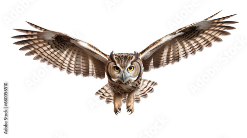 Flying european eagle owl perched on a post and staring forward. the eyes are penetrating the viewer. Isolated on Transparent background.