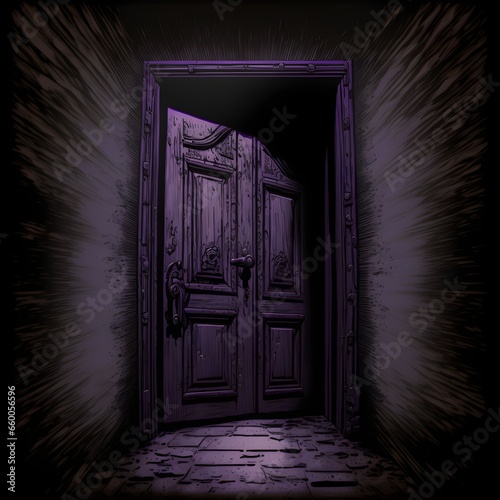 large massive old wooden door blackgrey hues bottomup view purple light total black background comic style  photo
