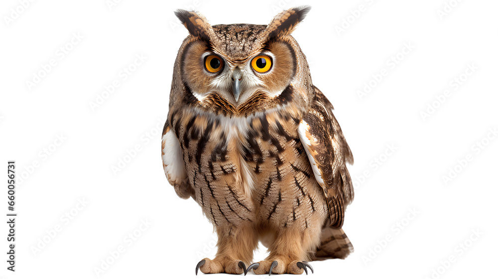 A close up of a european eagle owl perched on a post and staring forward. the eyes are penetrating the viewer. Isolated on Transparent background. - obrazy, fototapety, plakaty 