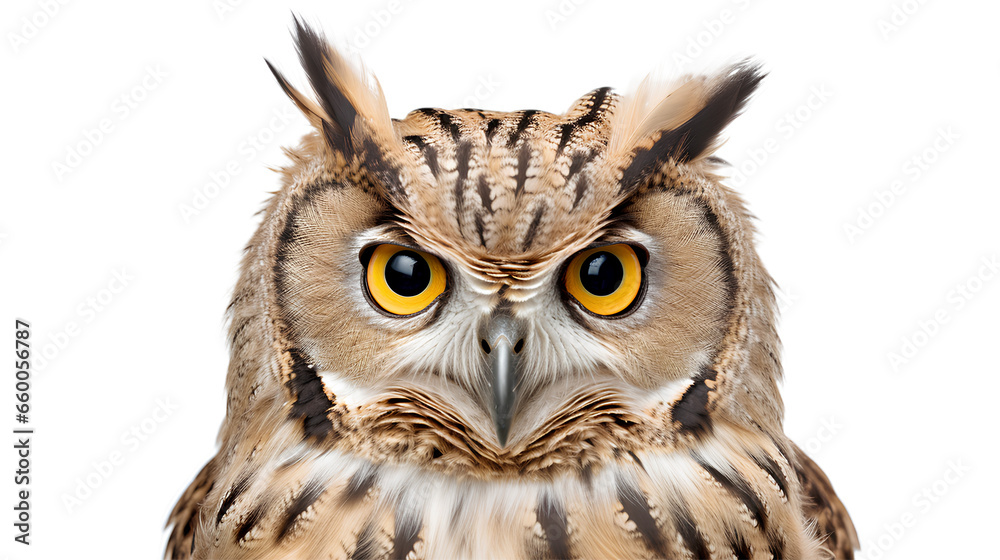 A close up of a european eagle owl perched on a post and staring forward. the eyes are penetrating the viewer. Isolated on Transparent background.