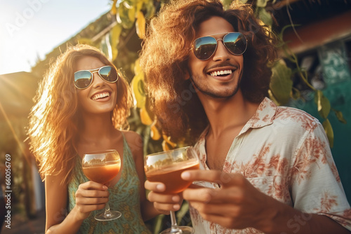 Young people celebrating summertime party holding vine glasses outside. Happy friends have fun on the beach. Summer vacations  lifestyle beverage concept.