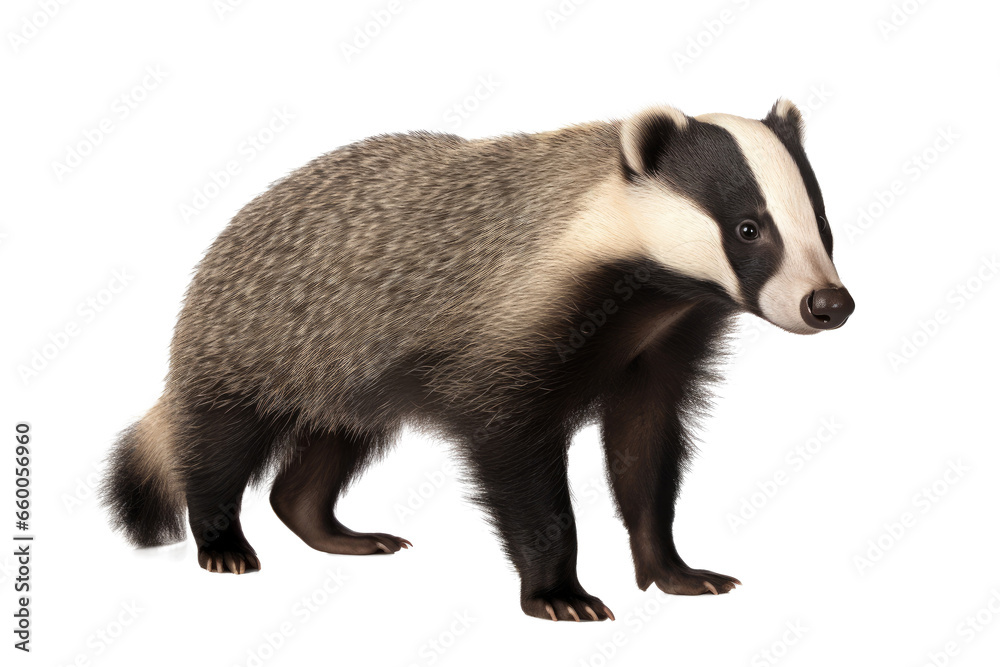 Portrait of Badger standing isolated on transparent png background, Animal in the jungle, wildlife and habitat concept, Environmental Conservation.