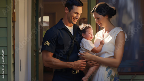 On the doorstep of their suburban home, a Navy officer smiles broadly as he holds his newborn baby for the first time, surrounded by his elated family.  photo