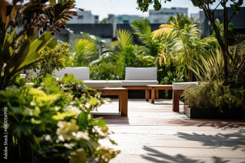 Urban rooftop garden with various plants and seating areas, capturing sustainable living in the city - AI Generated © Arthur