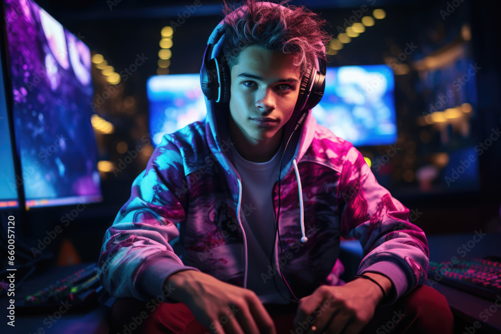 Gaming Teenager, Portrait of a Young Teenager Engrossed in a Gaming Session - AI Generated