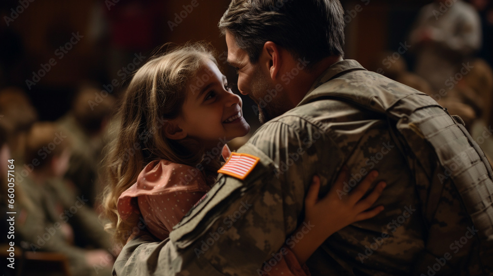 At a school play, a military dad surprises his daughter by attending, her surprised smile melting into one of pure delight as they embrace. 