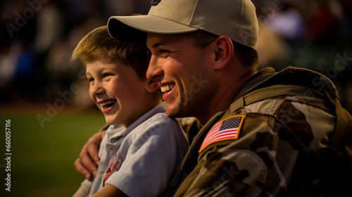 On the sidelines of a Little League baseball game, a military father surprises his son, whose delighted smile radiates the excitement of their reunion. 
