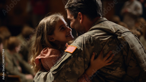At a school play, a military dad surprises his daughter by attending, her surprised smile melting into one of pure delight as they embrace. 