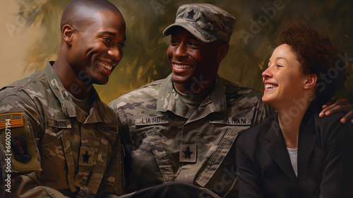 In the backyard of their countryside home, a military reservist shares a heartfelt smile with his parents, their faces radiating pride in their son's service.  photo
