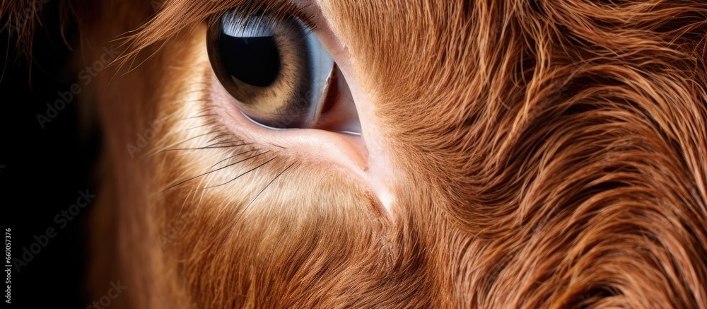 Fototapeta premium Zoomed in view of bovine eye and ear With copyspace for text