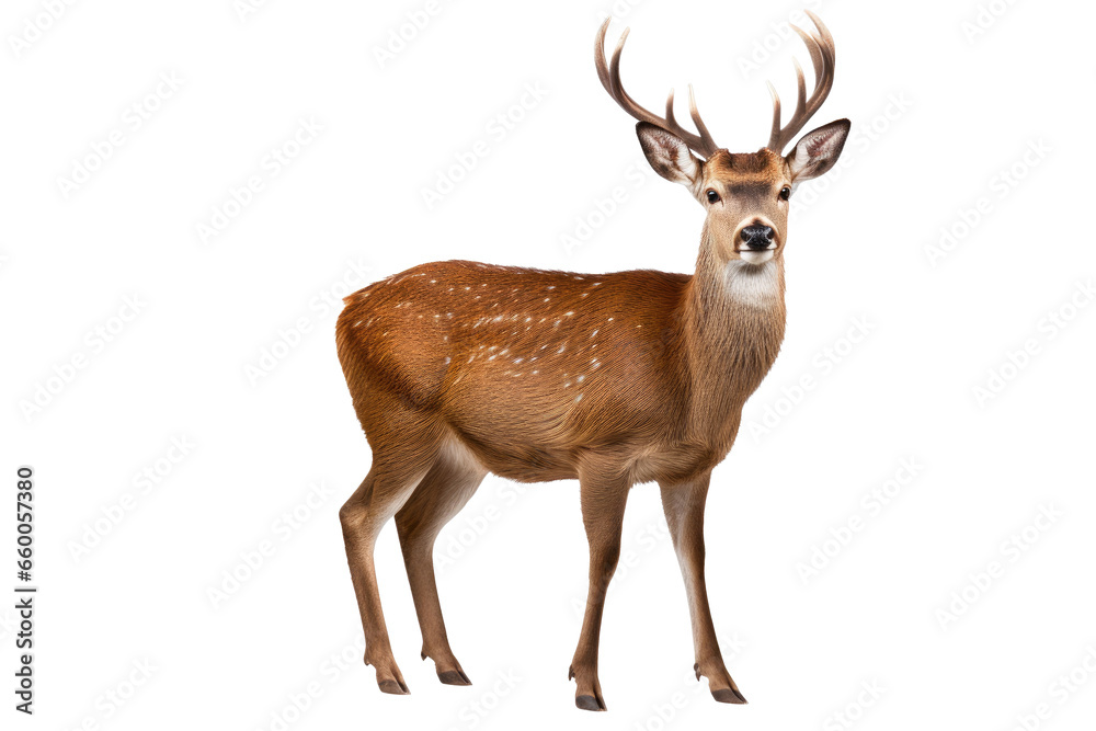 Obraz premium Portrait of Deer standing isolated on transparent png background, Animal in the jungle, wildlife and habitat concept, Environmental Conservation.