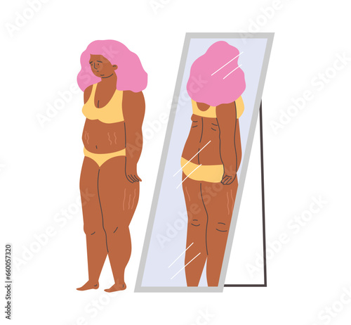 Upset woman turns away from reflection in mirror flat style, vector illustration