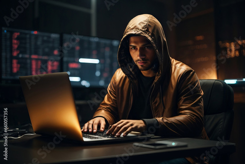 A brunette male hacker wearing a hooded jacket is working on a laptop. Hacking, computer games, modern technology, human mind concepts