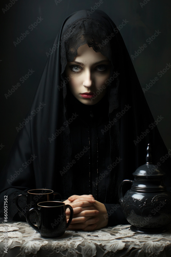 Beautiful young widow in a black lace scarf, veil. the girl mourns loss, grief and death. piercing hard gaze Beautiful young widow in a black lace scarf, veil. the girl mourns loss, grief and death. piercing hard gaze
