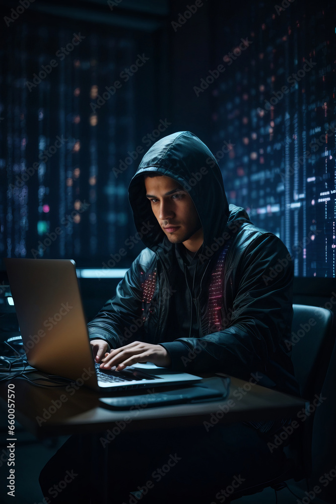 Handsome brunette man wearing a black leather jacket with a hood working on a laptop, closeup portrait. Hacking, computer games, modern technology, human mind concepts Handsome brunette man wearing a black leather jacket with a hood working on a laptop, closeup portrait. Hacking, computer games, modern technology, human mind concepts