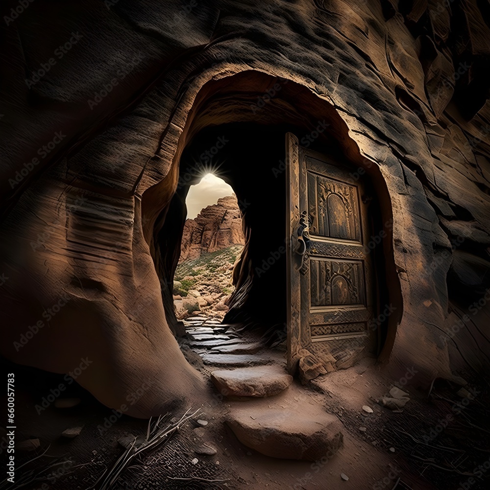 As you hike up the steep mountain trail you come across a mysterious doorway carved into the rock face The door is slightly ajar and you can see a faint glow emanating from inside Curiosity getting  - obrazy, fototapety, plakaty 