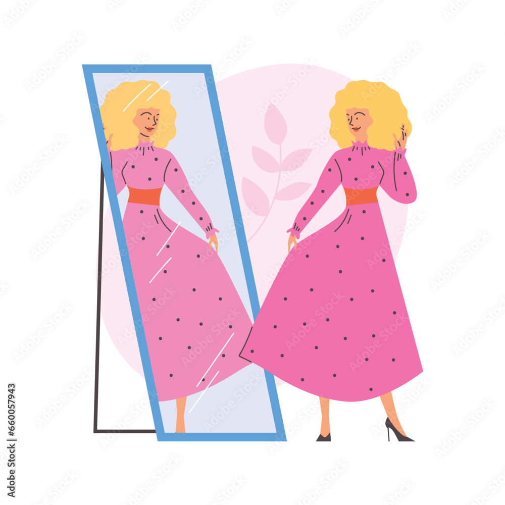Beautiful blonde woman in pink dress posing, enjoying her reflection in the mirror, Love yourself motivational vector Beautiful blonde woman in pink dress posing, enjoying her reflection in the mirror, Love yourself motivational vector