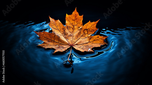 Autumn maple leaf on water surface with ripples. Copy space.