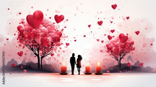 illustration of a couple and romantic candles decorated with hearts on a blurred background