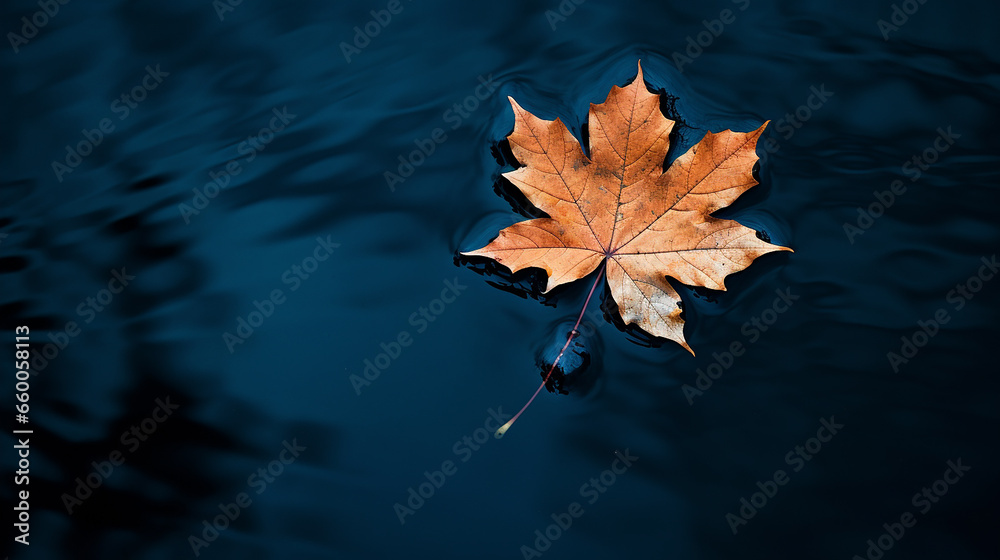 Autumn maple leaf on water surface with ripples. Copy space. Autumn maple leaf on water surface with ripples. Copy space.