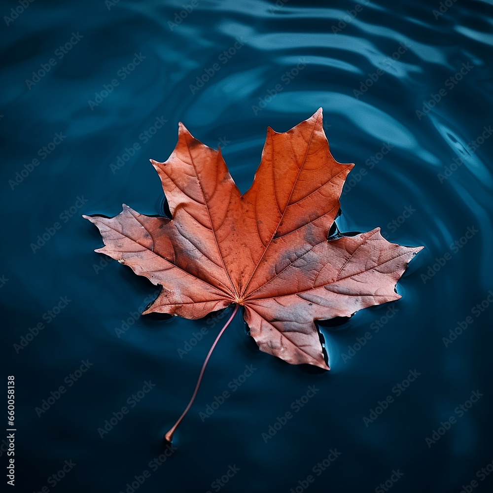 Autumn maple leaf on water surface with ripples. Copy space. Autumn maple leaf on water surface with ripples. Copy space.