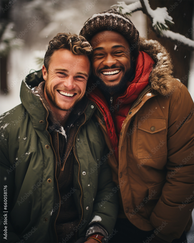 Fototapeta premium Happy couple, friends on a snowy day before Christmas. Christmas Eve.