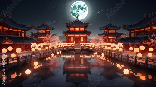 Traditional Chinese Buddhist Temple illuminated for the Mid-Autumn festival.