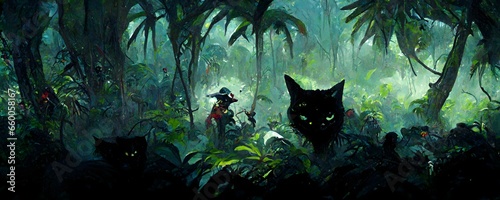 a pirate throws a black cat into deep jungle piratepunk 
